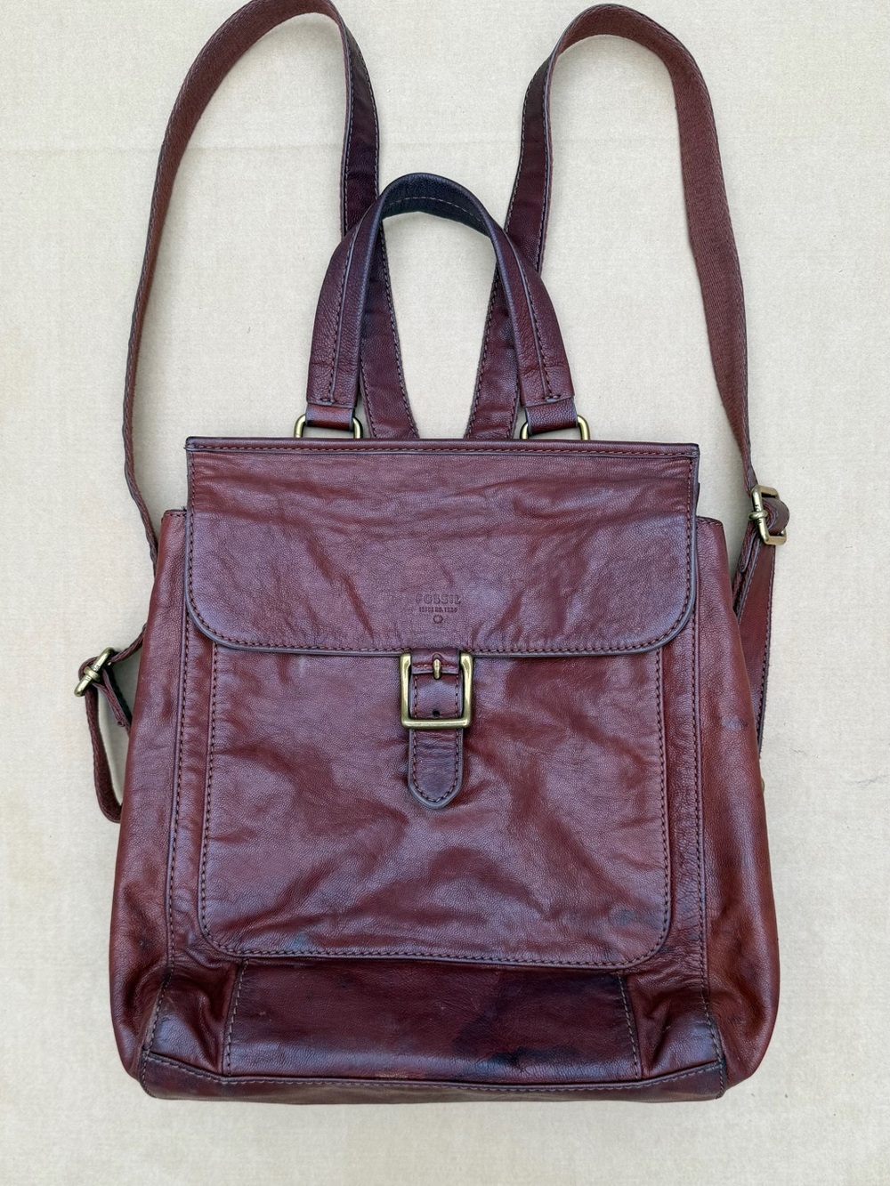 Vintage Fossil Leather Convertible Backpack Tote Burgundy Brown Distressed Bag